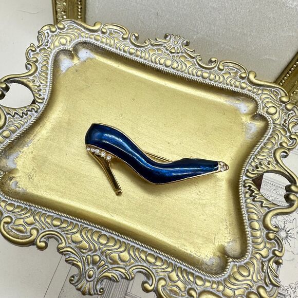 Vintage Fancy Enamel Blue High Heel Shoe Brooch With Crystal Rhinestones Pin - Picture 1 of 4